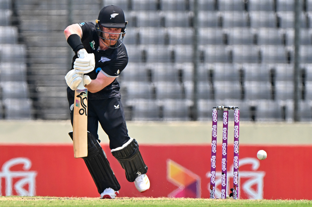 New Zealand's Nick Kelly plays a shot during the second one day international cricket match between Bangladesh and New Zealand in Mirpur, Bangladesh, Monday, April 20, 2026. (AP Photo/Mosaraf Hossain)