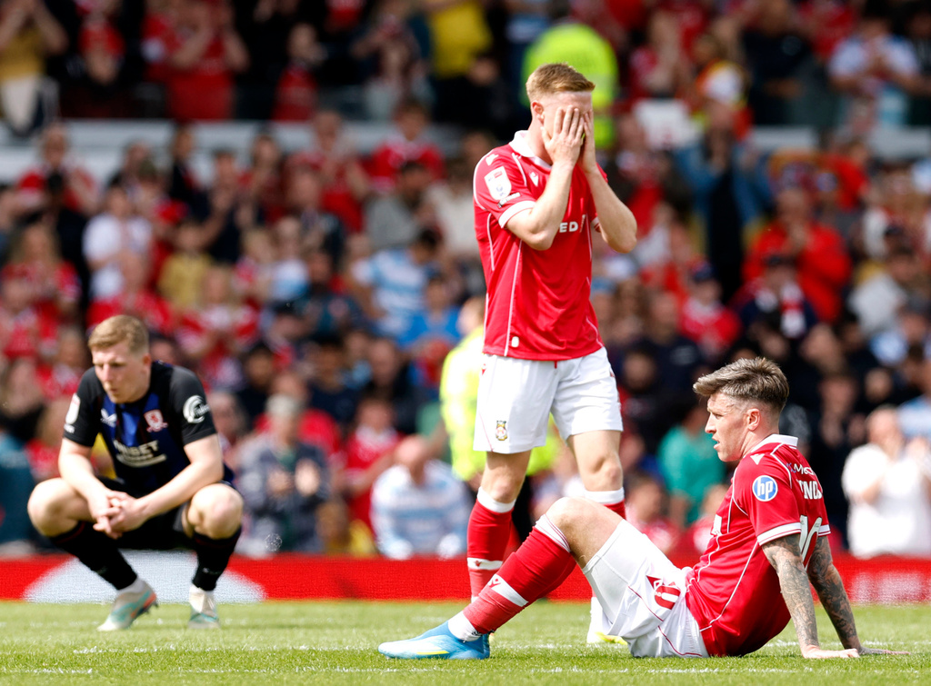 Wrexham's Josh Windass reacts at the end of the EFL Championship soccer match between Wrexham and Middlesbrough, in Wrexham, Wales, Saturday May 2, 2026. (Cody Froggatt/PA via AP)