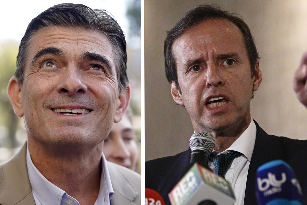 FILE - This combination photo shows presidential candidates Rodrigo Paz, left and Bolivia's former President Jorge Quiroga, right. (AP Photos/Freddy Barragan, Arnulfo Franco)