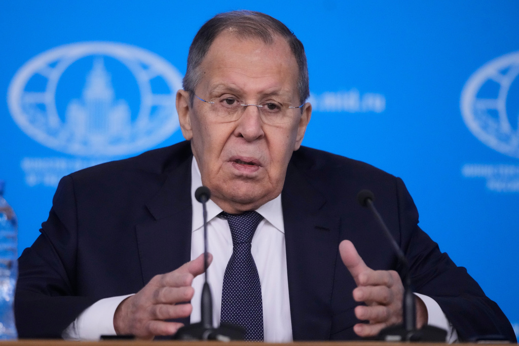 Russian Foreign Minister Sergey Lavrov gestures while speaking during his annual news conference in Moscow, on Tuesday, Jan. 20, 2026. (AP Photo/Pavel Bednyakov)