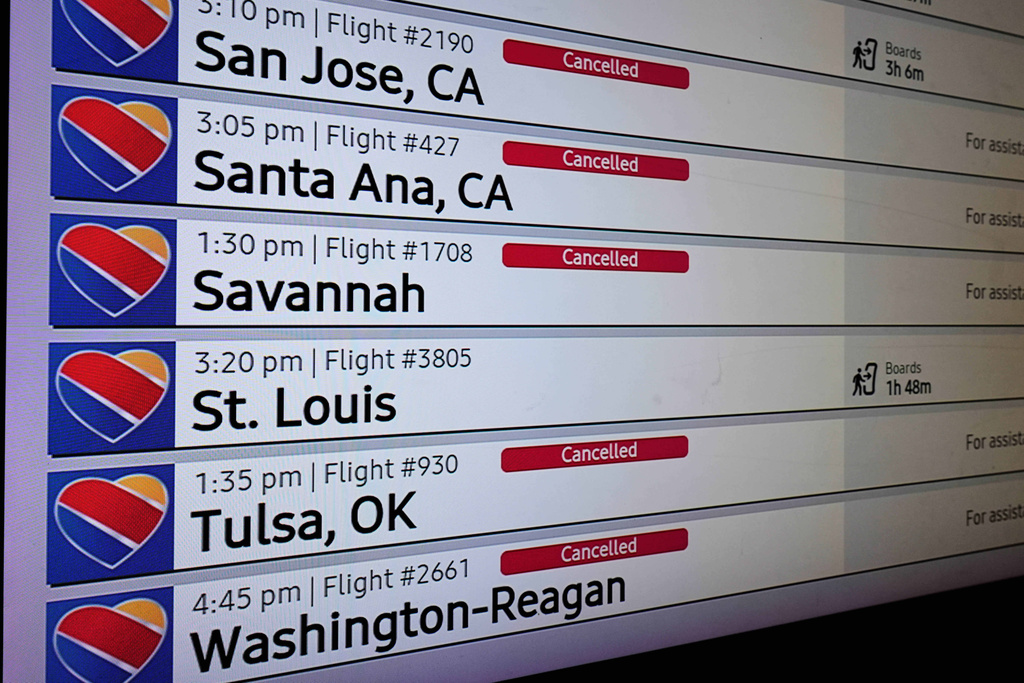 An arrivals and departures board reflects several flight cancellations in and out of Love Field Airport, Saturday, Jan. 24, 2026, in Dallas. (AP Photo/Tony Gutierrez)