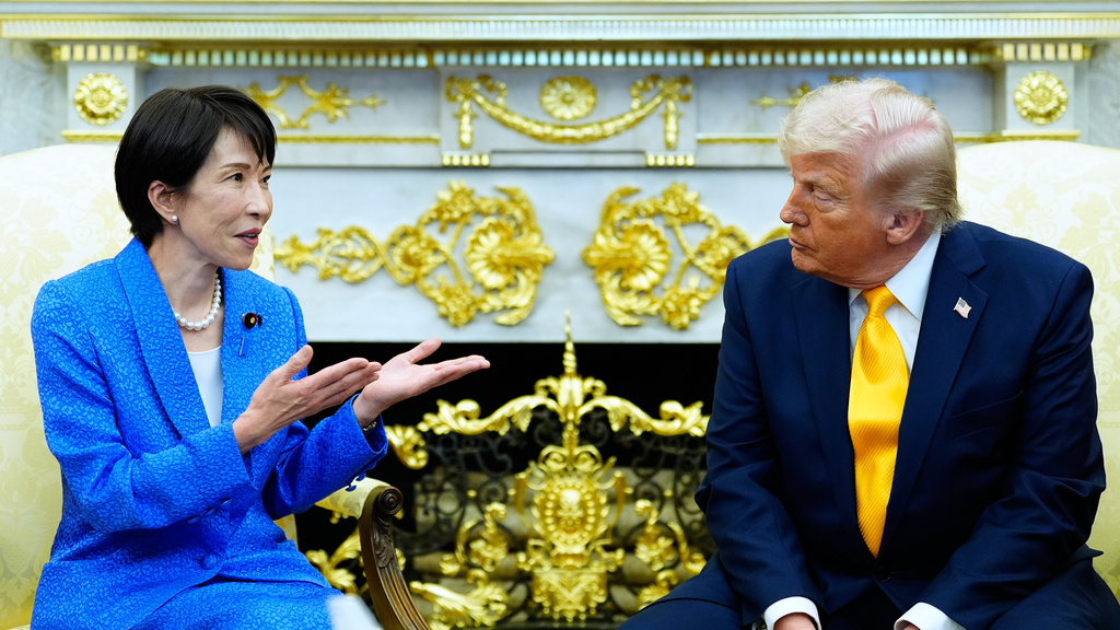 President Donald Trump speaks with Japan's Prime Minister Sanae Takaichi in the Oval Office of the White House, Thursday, March 19, 2026, in Washington. (AP Photo/Alex Brandon)