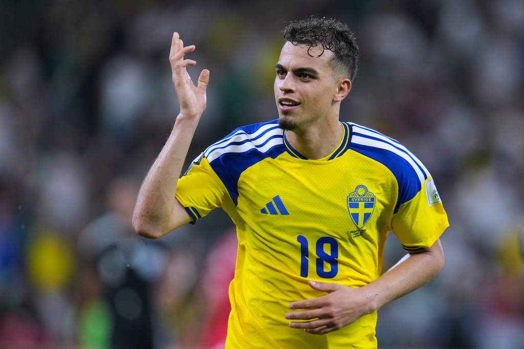 Sweden's Yasin Ayari (18) celebrates after scoring his team's fifth goal during the World Cup Group F soccer match between Sweden and Tunisia in Guadalupe, near Monterrey, Mexico, Sunday, June 14, 2026. (AP Photo/Matias Delacroix)