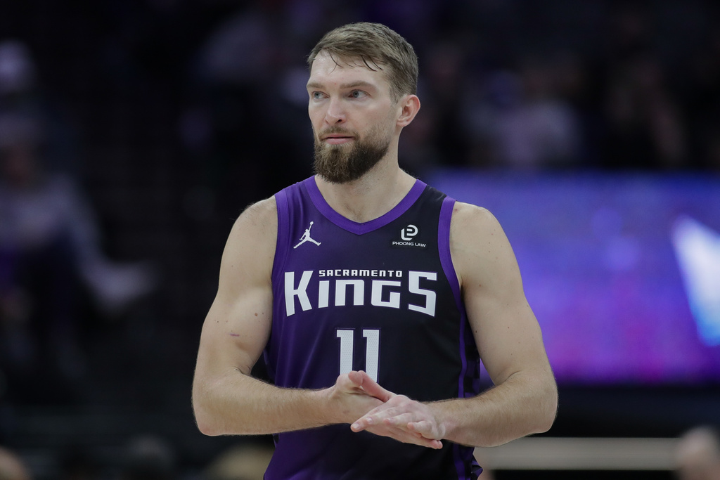 Sacramento Kings forward Domantas Sabonis looks on during the first half of an NBA basketball game against the Washington Wizards, Friday, Jan. 16, 2026, in Sacramento, Calif. (AP Photo/Scott Marshall)