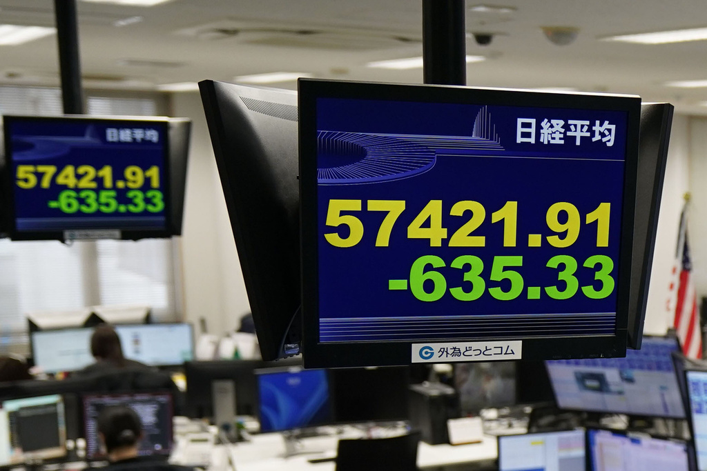 Electronic stock boards show Japan's Nikkei index at a foreign exchange brokerage firm Tuesday, March 3, 2026, in Tokyo.(Kyodo News via AP)