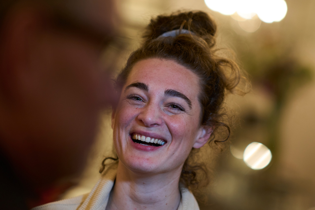 Neurobiologist Brankele Frank is interviewed before a session of the "singing circle" run by opera singer Maartje de Lint at the Concertgebouw concert hall in Amsterdam, on Feb. 24, 2026. (AP Photo/Peter Dejong)