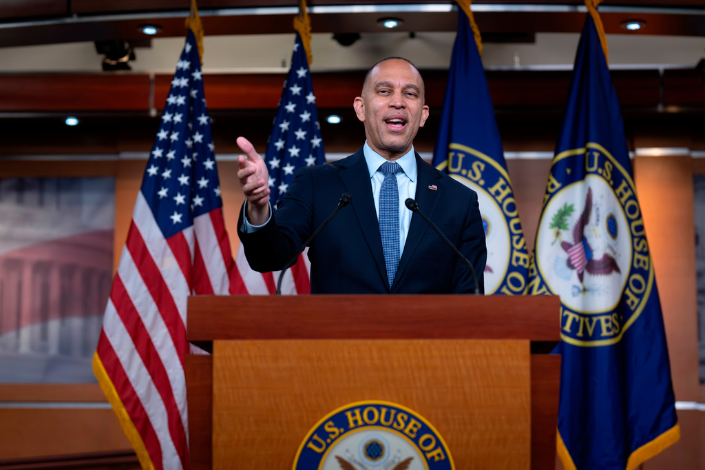 House Minority Leader Hakeem Jeffries, D-N.Y., describes the Democrats' fight to regain the House majority even as Republicans pursue redistricting efforts across the South following a U.S. Supreme Court ruling that affects majority-Black congressional districts, during a news conference at the Capitol in Washington, Wednesday, May 13, 2026. (AP Photo/J. Scott Applewhite)