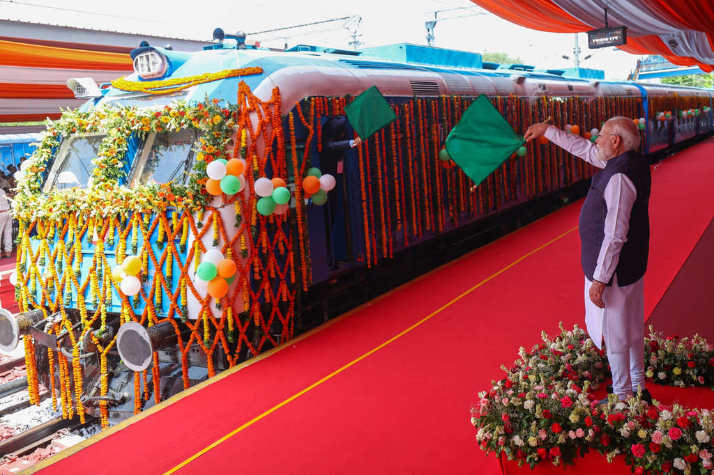 India Prime Minister Narendra Modi flags off India's first indigenously built hydrogen-powered train named the "NaMo Green Rail," at Jind, in the Indian state of Haryana, Friday, July 17, 2026. (Indian Prime Minister's Office via AP)