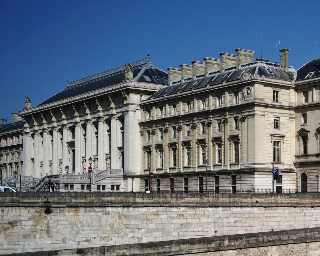 FILE - The Palais de Justice courthouse during nationwide confinement measures to counter the Covid-19, in Paris, Wednesday, April 8, 2020. (AP Photo/Thibault Camus, file)