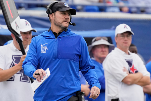 Memphis head coach Ryan Silverfield looks onto the field during the first half of an NCAA college football game against South Florida, Saturday, Oct. 25, 2025, in Memphis, Tenn. (AP Photo/George Walker IV) Memphis head coach Ryan Silverfield looks onto the field during the first half of an NCAA college football game against South Florida, Saturday, Oct. 25, 2025, in Memphis, Tenn. (AP Photo/George Walker IV)