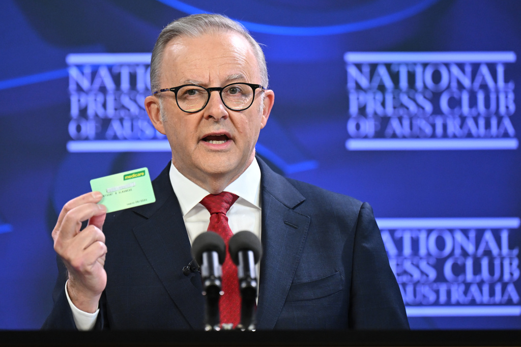 Australian Prime Minister Anthony Albanese addresses the National Press Club in Canberra, Australia, on, April 30, 2025. (Lukas Coch/AAP Image via AP)