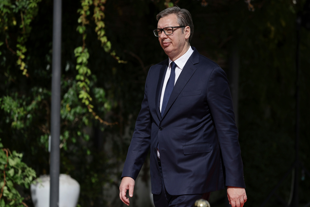 Serbian President Aleksandar Vucic arrives at the Brdo-Brijuni, Process Leaders' Meeting in Golem, Albania, 50 kilometers (30 miles) west of the capital, Tirana , Albania on Monday, Oct. 6, 2025 .(AP Photo/Vlasov Sulaj)