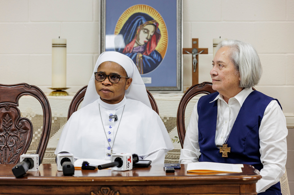 Sister Leticia "Letty" Ugboaja, left, accompanied by Executive Director of Catholic Charities of the Rio Grande Valley Sister Norma Pimentel at a news conference at Our Lady of Sorrows Catholic Church on Thursday, July 23, 2026, in McAllen, Texas. (AP Photo/Michael Gonzalez)