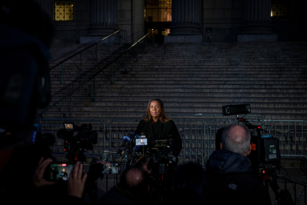 FILE - New York State Attorney General Letitia James addresses the media outside the New York State Supreme Court building, Jan. 11, 2024, in New York. (AP Photo/Peter K. Afriyie, File)