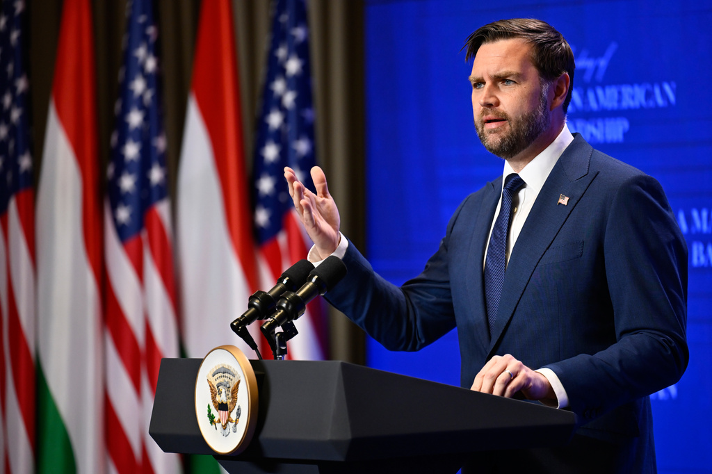 U.S. Vice President JD Vance speaks during a press conference with Hungarian Prime Minister Viktor Orban as they meet in Budapest, Hungary, Tuesday, April 7, 2026. (AP Photo/Denes Erdos)