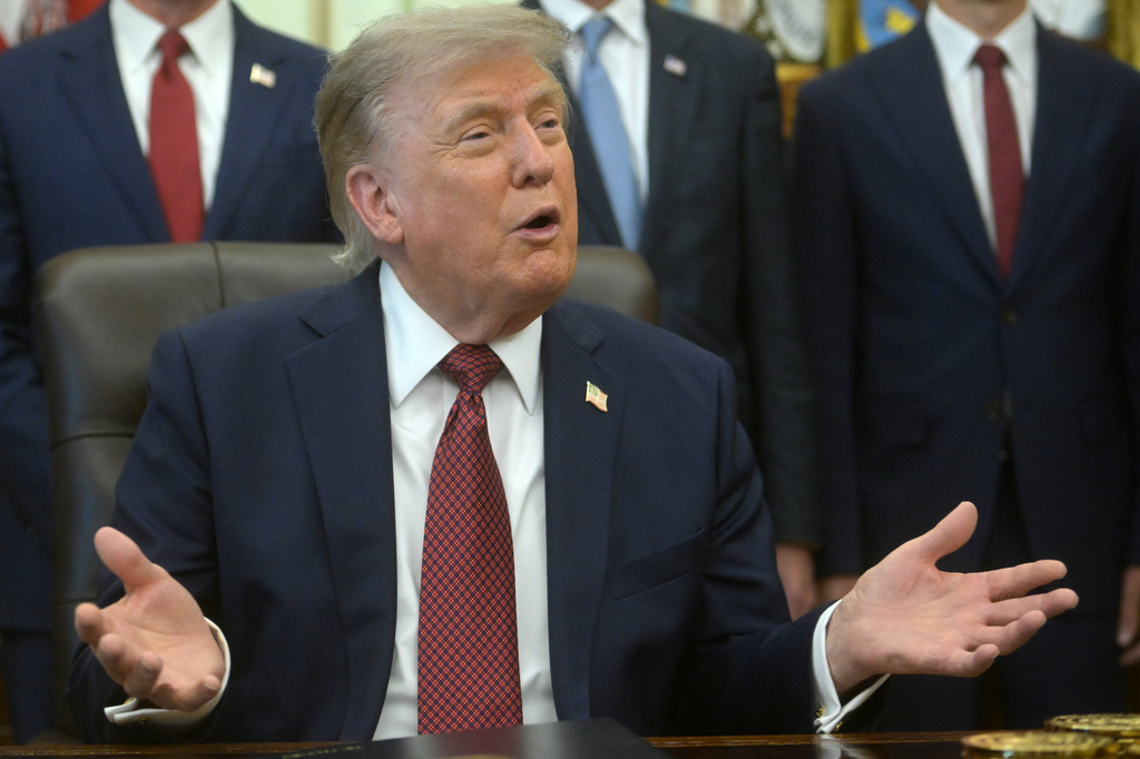 President Donald Trump speaks in the Oval Office of the White House, Friday, July 24, 2026, in Washington. (AP Photo/Rod Lamkey, Jr.)