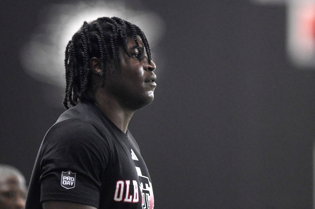Texas Tech linebacker David Bailey (31) watches a position drill during the school's NFL football pro day, Thursday, March 26, 2025, in Lubbock, Texas. (AP Photo/Annie Rice)