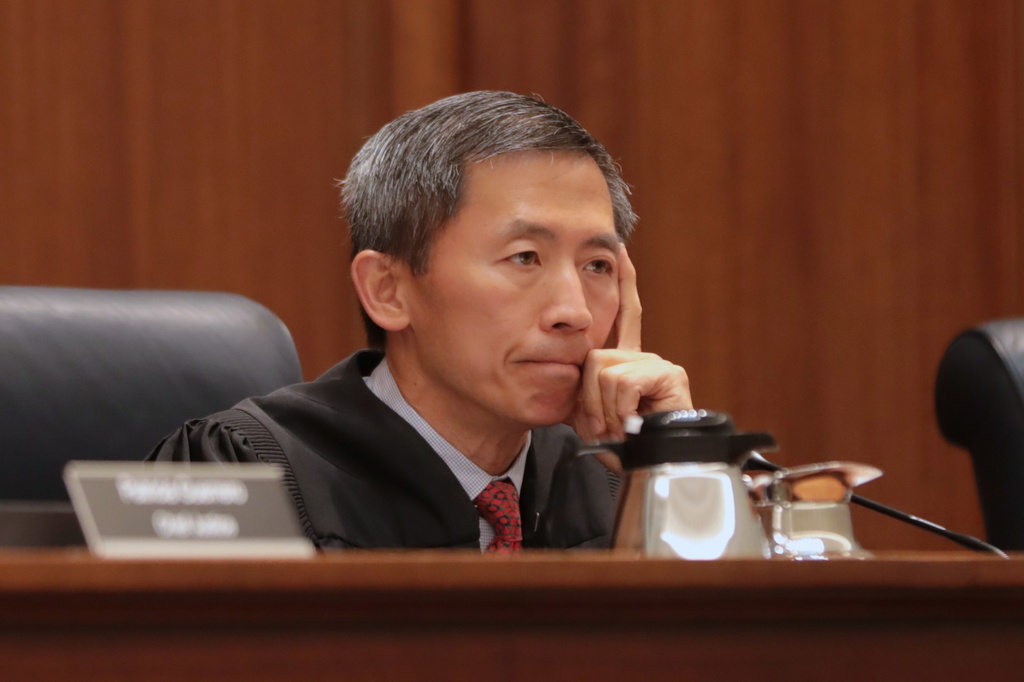Associate Justice Goodwin Liu listens during a hearing about Riverside County Sheriff Chad Bianco's seizure and recount of more than half a million 2025 election ballots on Monday, Aug. 24, 2026, at California Supreme Court in San Francisco. (Martin Novitski/Supreme Court of California via AP)