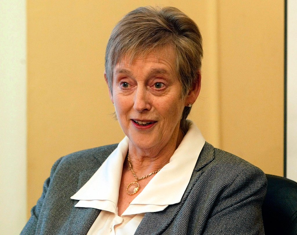 FILE - In this Dec. 14, 2004 file photo, the former head of the British Intelligence service Stella Rimington poses in her office in London. (AP Photo/Dave Caulkin, File)