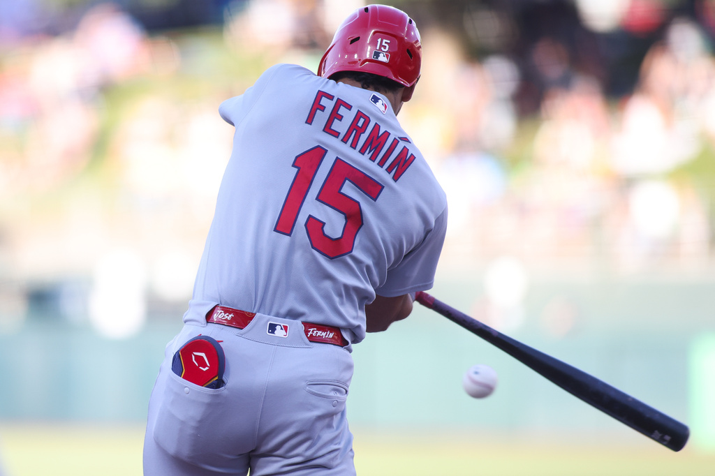 St. Louis Cardinals' José Fermín hits an two RBI double during the first inning of a baseball game against the Athletics Tuesday, May 12, 2026, in West Sacramento, Calif. (AP Photo/Scott Marshall)