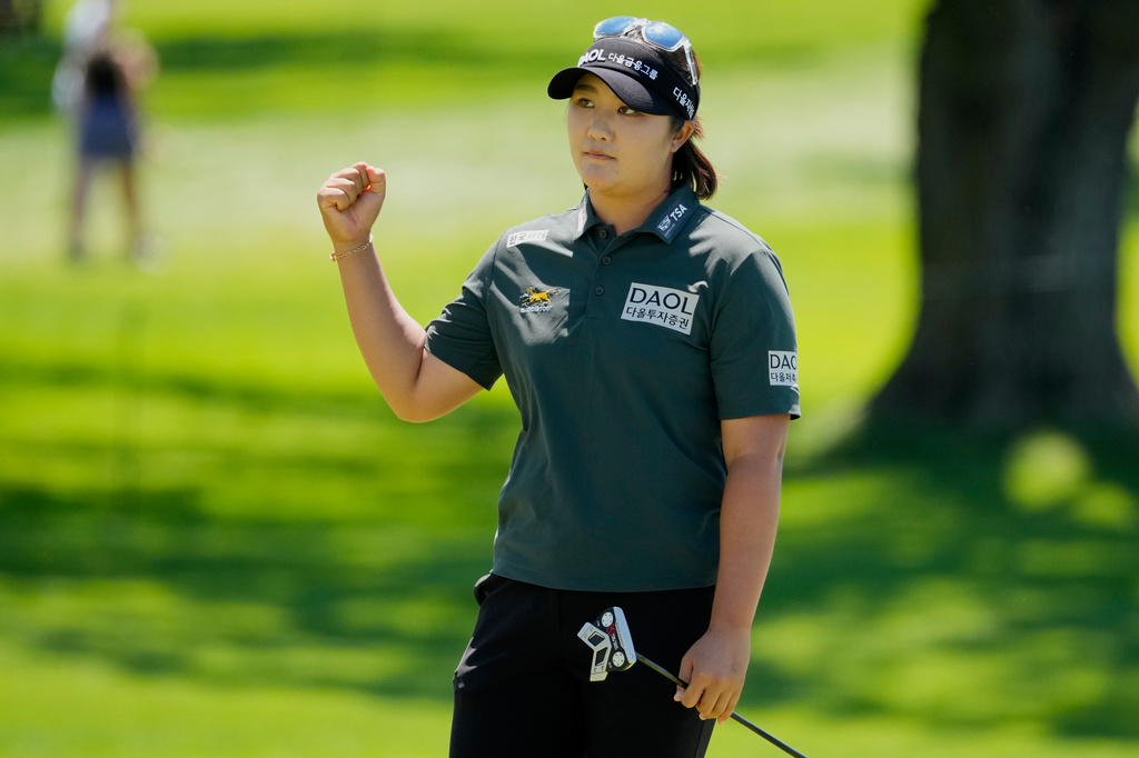 Haeran Ryu, of South Korea, celebrates after a eagle one the seventh hole during the third round at the Women's PGA Championship golf tournament at the Hazeltine National Golf Club, Saturday, June 27, 2026, in Chaska, Minn. (AP Photo/Chris Carlson)