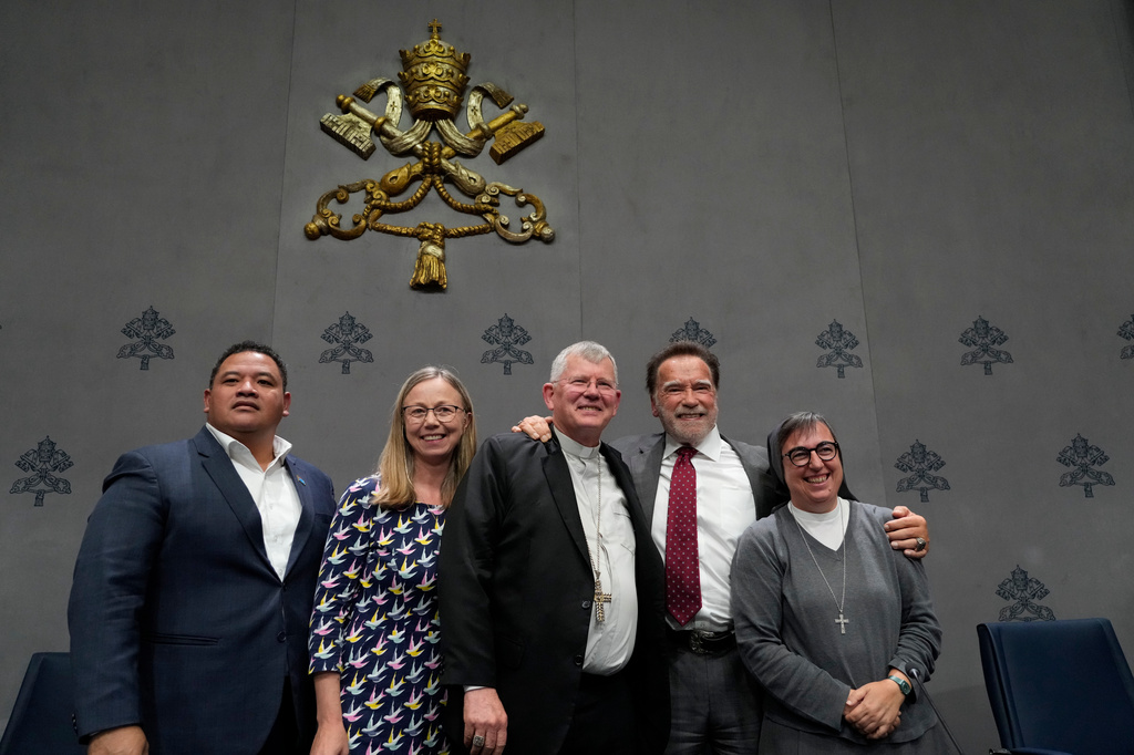 From left, Tuvalu's Minister for Home Affairs, Climate Change, and Environment Maina Talia, Laudato Si' Executive Director Lorna Gold, Cardinal Jaime Spengler, former California Gov. Arnold Schwarzenegger, and sister Alessandra Smerilli pose for photographers at the end of a press conference at the Vatican, Tuesday, Sept. 30, 2025, to present the "Raising Hope for Climate Justice Conference," promoted by the Laudato Si' (Praise Be to You) Movement, which was inspired by the late Pope Francis' encyclical letter of the same name. (AP Photo/Gregorio Borgia) From left, Tuvalu's Minister for Home Affairs, Climate Change, and Environment Maina Talia, Laudato Si' Executive Director Lorna Gold, Cardinal Jaime Spengler, former California Gov. Arnold Schwarzenegger, and sister Alessandra Smerilli pose for photographers at the end of a press conference at the Vatican, Tuesday, Sept. 30, 2025, to present the "Raising Hope for Climate Justice Conference," promoted by the Laudato Si' (Praise Be to You) Movement, which was inspired by the late Pope Francis' encyclical letter of the same name. (AP Photo/Gregorio Borgia)