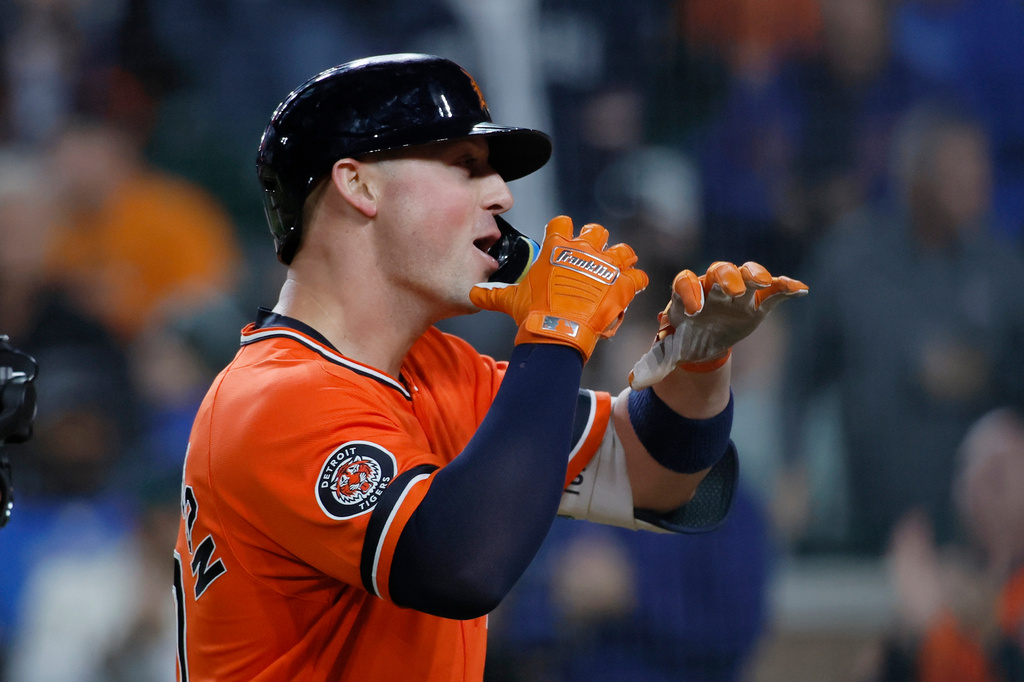 Detroit Tigers' Spencer Torkelson celebrates after his solo home run against the Pittsburgh Pirates during the seventh inning of a baseball game Friday, Sept. 25, 2026, in Detroit. (AP Photo/Duane Burleson)