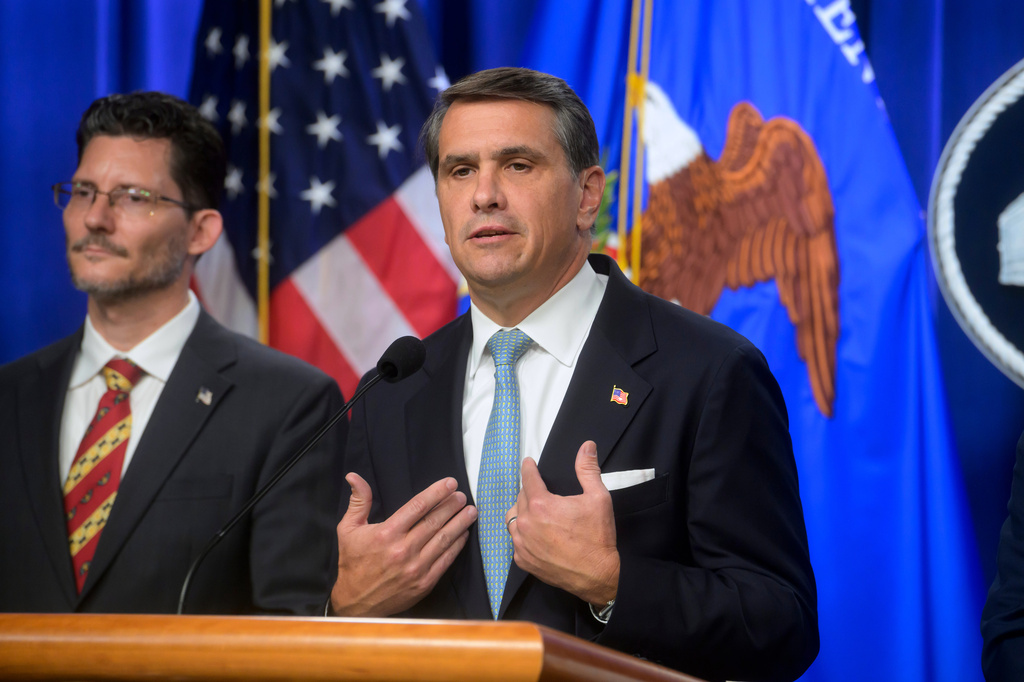 Acting Attorney General Todd Blanche, right, is joined by Deputy Assistant Secretary of the Department of State's Bureau of International Narcotics and Law Enforcement Affairs, Ambassador Michael C. Gonzales, left, during a news conference at the Department of Justice, Wednesday, August 5, 2026 in Washington. (AP Photo/Rod Lamkey, Jr.)