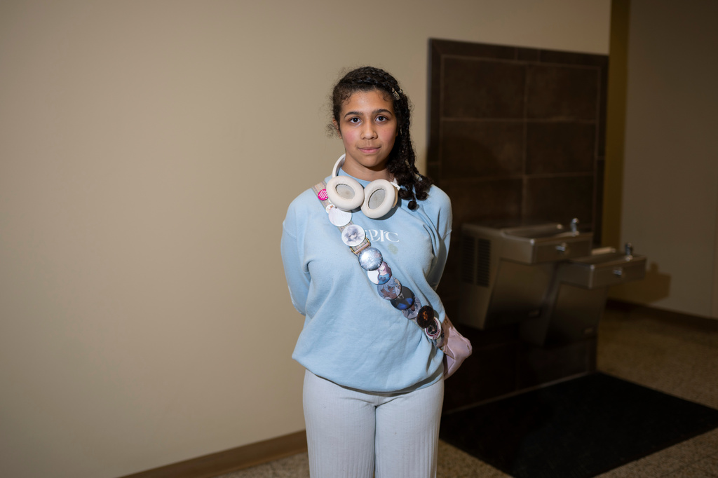 Elliot Campbell, 15, poses for a portrait after speaking at a Lower Merion Board of School Directors meeting at the Lower Merion School District Administration Building on Monday, May 11, 2026, in Ardmore, Pa. (AP Photo/Joe Lamberti)