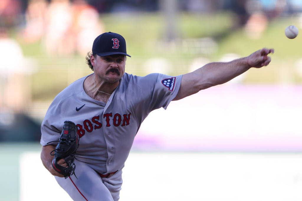 Boston Red Sox pitcher Payton Tolle throws to an Athletics batter during the first inning of a baseball game Monday, July 27, 2026, in West Sacramento, Calif. (AP Photo/Scott Marshall)