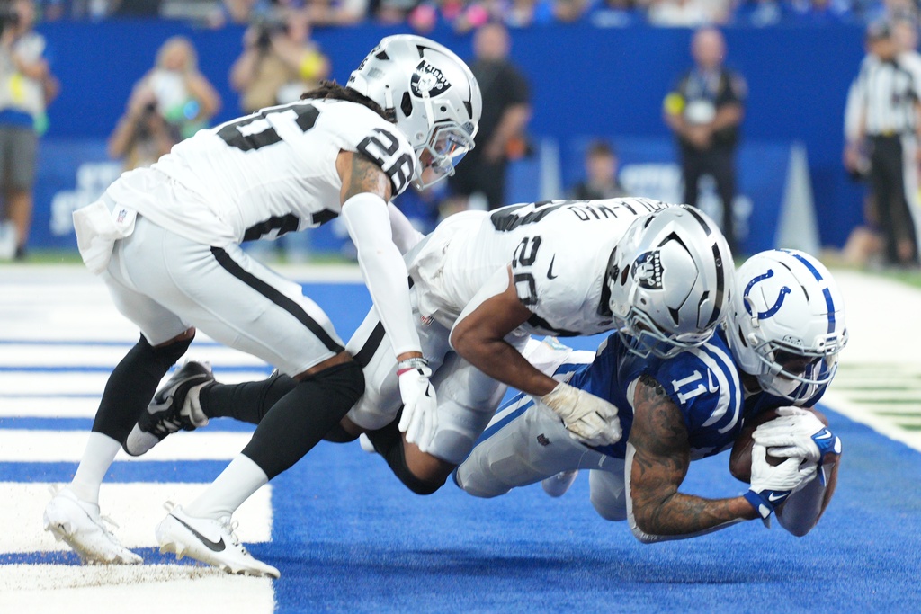 Indianapolis Colts wide receiver Michael Pittman (11) makes a touchdown catch against Las Vegas Raiders safety Isaiah Pola-Mao (20) and cornerback Darien Porter (26) during the first half of an NFL football game, Sunday, Oct. 5, 2025, in Indianapolis. (AP Photo/AJ Mast)