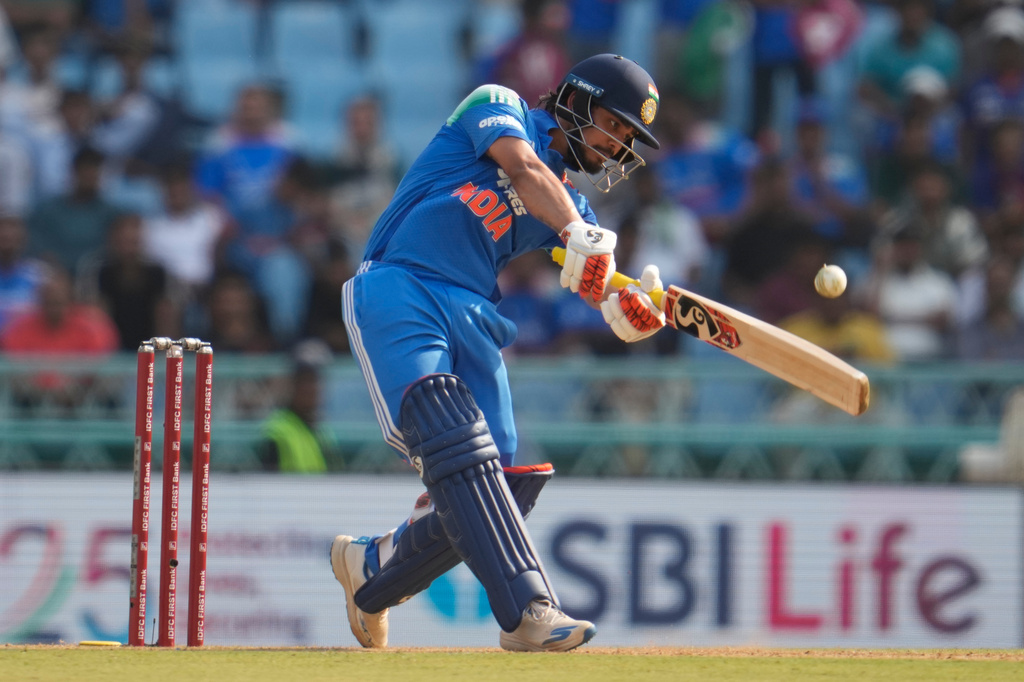 India's Ishan Kishan hits a six during the second ODI cricket match between India and Afghanistan in Lucknow, India, Wednesday, June 17, 2026. (AP Photo/Manish Swarup)