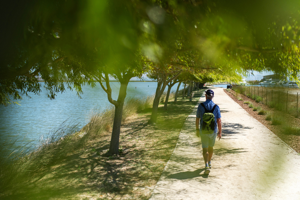 Christy Morrill, walks along San Francisco Bay where he used to give guided kayak tours, Monday, Aug. 18, 2025, in Redwood City, Calif. (AP Photo/David Goldman)