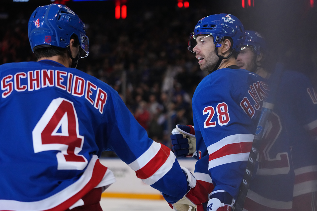 New York Rangers' Oliver Bjorkstrand (28) celebrates with teammates after scoring a goal during the third period of an NHL hockey game against the Anaheim Ducks Monday, Oct. 19, 2026, in New York. (AP Photo/Frank Franklin II)