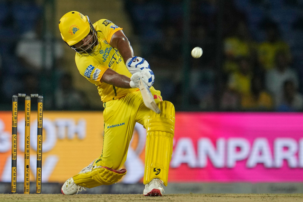 Chennai Super Kings' Sanju Samson plays a shot during the Indian Premier League cricket match between Chennai Super Kings and Delhi Capitals in New Delhi, India, Tuesday, May 5, 2026. (AP Photo/Manish Swarup)