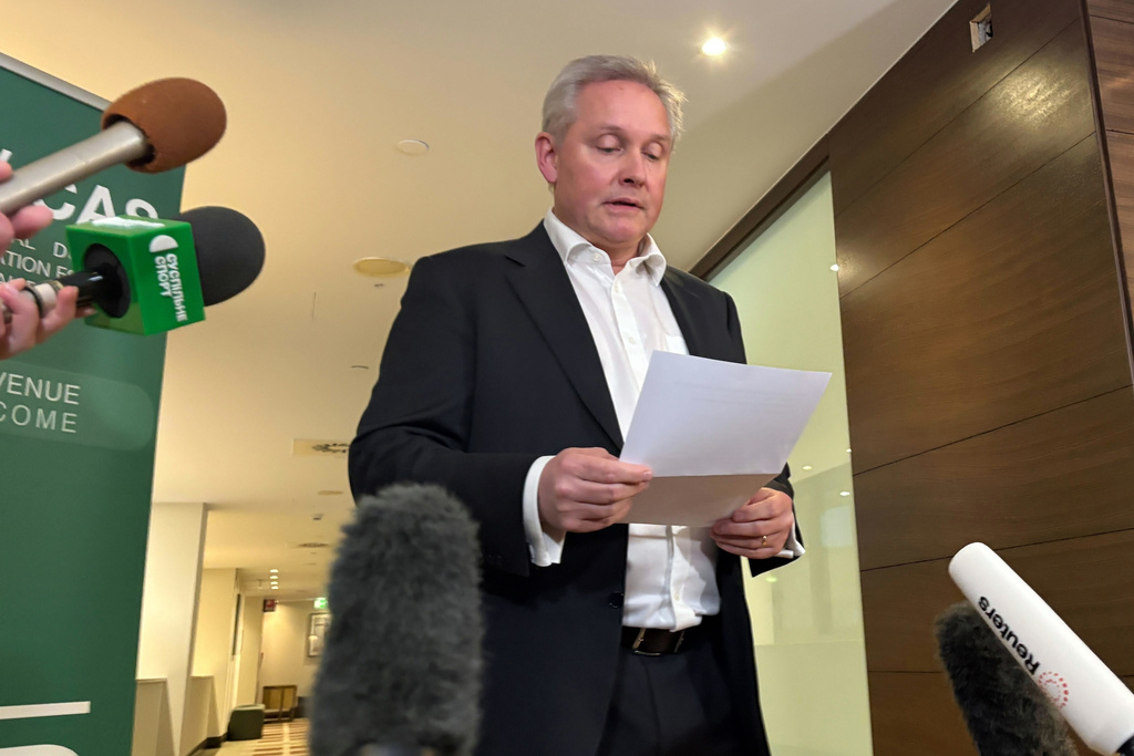 Matthieu Reeb, director general of CAS, the Court of Arbitration for Sport speaks after an appeal hearing, during the 2026 Winter Olympics, in Milan, Italy, Friday, Feb. 13, 2026. (AP Photo/Stefanie Dazio)