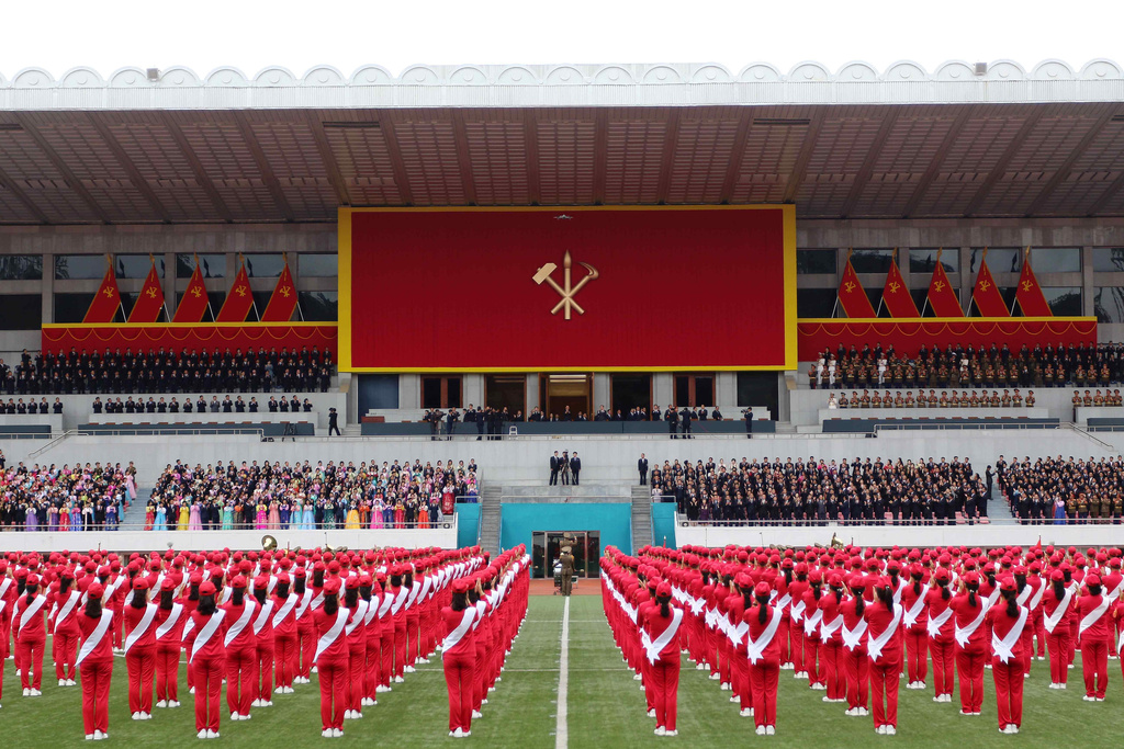 A meeting of presenting letters of loyalty to their leader Kim Jong Un is held at Kim Il Sung Stadium in Pyongyang, North Korea Tuesday, Oct. 7, 2025, on the occasion of the 80th anniversary of the founding of North Korea's ruling Worker's Party of Korea. (AP Photo/Jon Chol Jin)