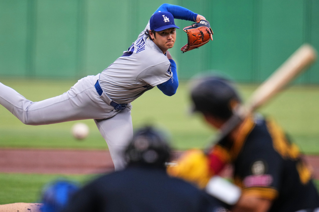 Los Angeles Dodgers' Shohei Ohtani delivers during the second inning of a baseball game against the Pittsburgh Pirates in Pittsburgh, Wednesday, June 10, 2026. (AP Photo/Gene J. Puskar)