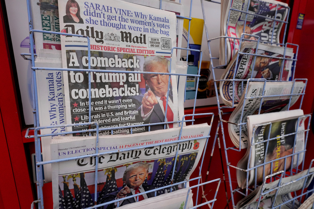 FILE - The Daily Telegraph and Daily Mail newspapers are displayed for sale in London, Thursday, Nov. 7, 2024. (AP Photo/Kirsty Wigglesworth, File)