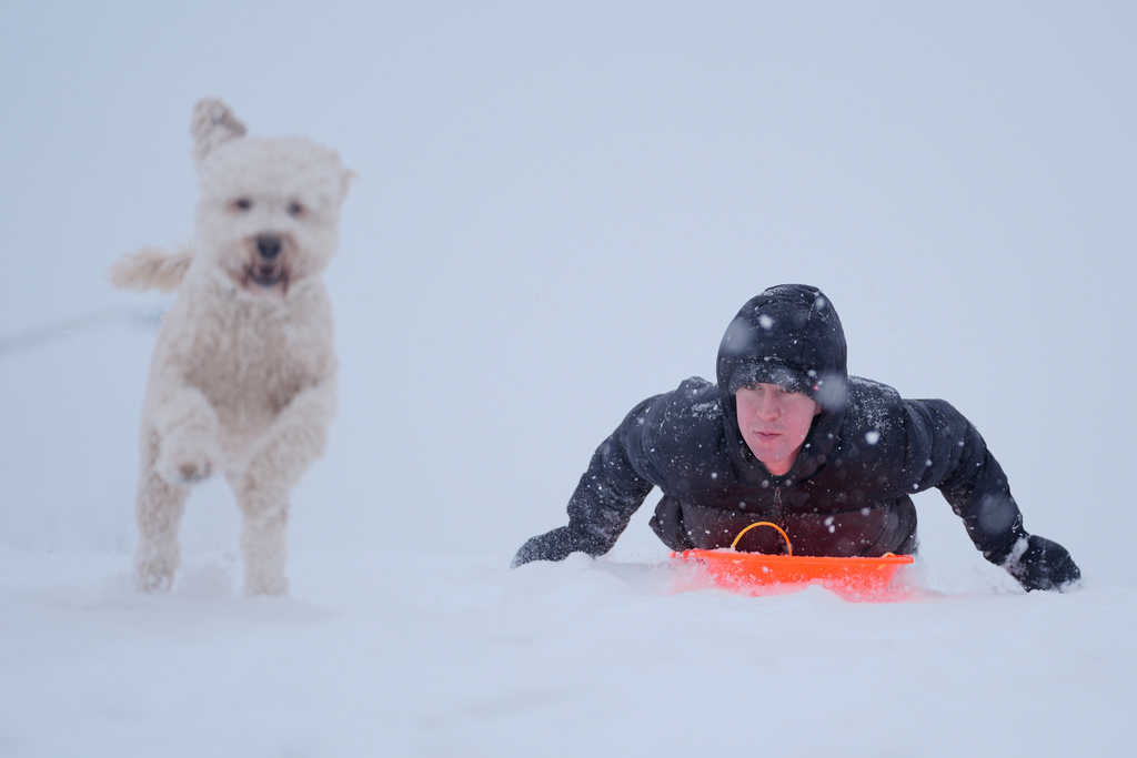 Alex Taylor, 23, and his dog Daisy, make their way down a snowy hill in Charlotte, N.C., Saturday, Jan. 31, 2026. (AP Photo/Erik Verduzco)