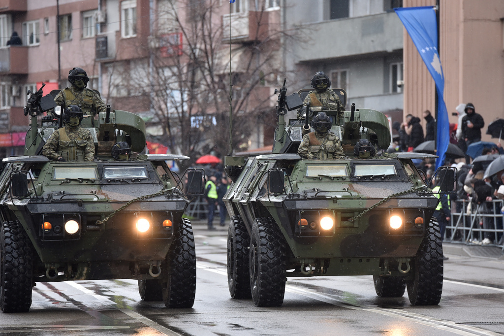 FILE -Kosovo Security Forces parade during celebrations to mark the 18th anniversary of independence, in Pristina, Kosovo, Feb. 17, 2026. (AP Photo/Laura Hasani, File)