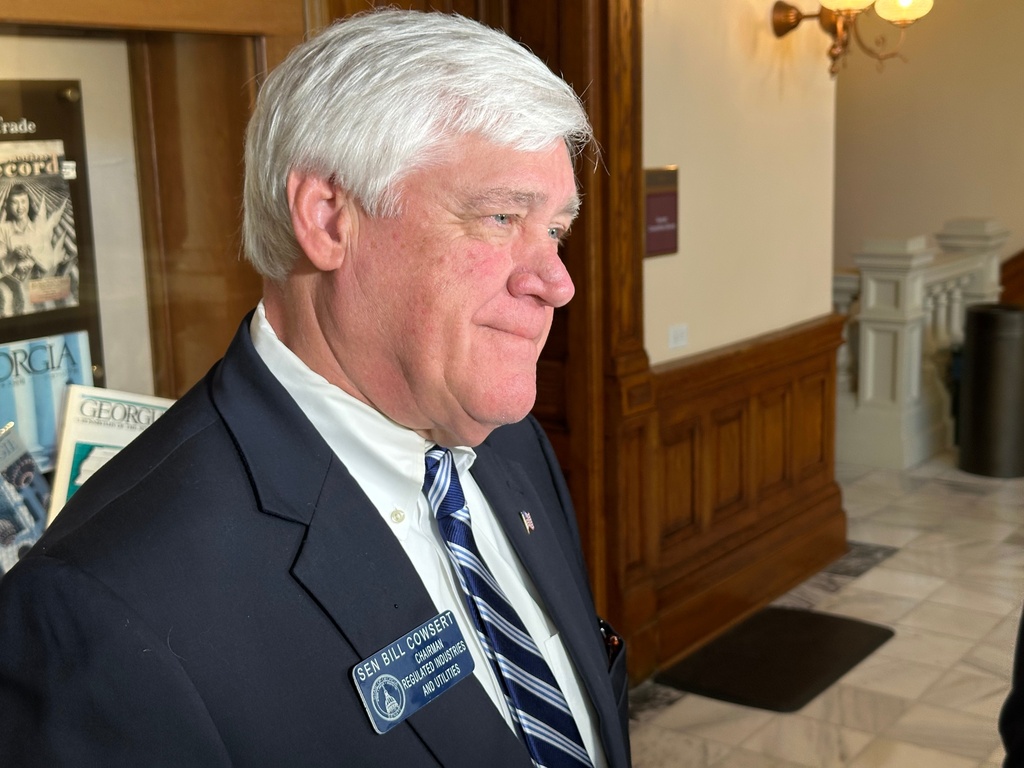 Georgia state Sen. Bill Cowsert (R-Athens) speaks to reporters after a state Senate committee hearing on Thursday, Nov. 13, 2025 at the Georgia Capitol in Atlanta. (AP Photo/Jeff Amy)