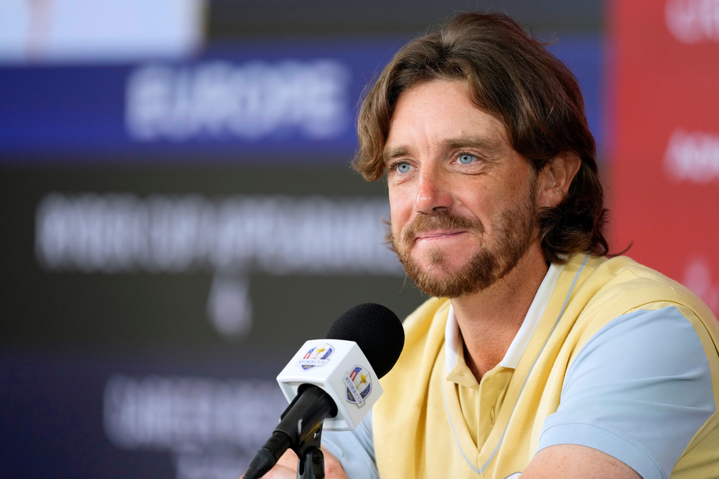 Europe's Tommy Fleetwood speaks during a news conference at the Ryder Cup golf tournament, Wednesday, Sept. 24, 2025, at the Bethpage Black golf course, in Farmingdale, N.Y. (AP Photo/Chris Carlson)