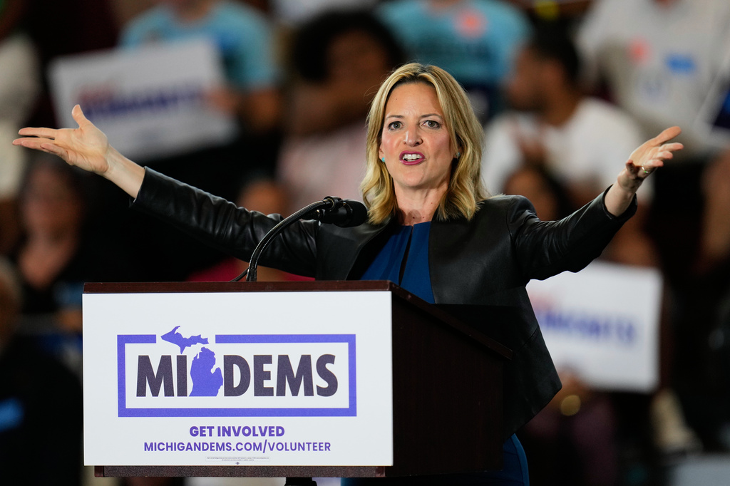 Michigan Secretary of State Jocelyn Benson, the Democratic gubernatorial nominee speaks at a General Election Kickoff Rally for Michigan Demcrats at Renaissance High School Friday, Aug. 7, 2026, in Detroit. (AP Photo/Paul Sancya)