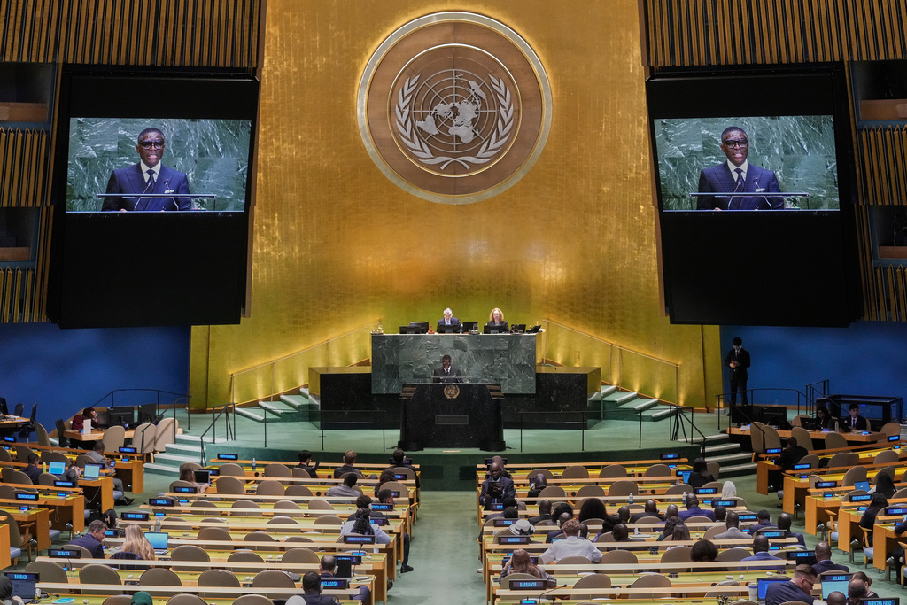Equatorial Guinea Vice President Teodoro Nguema Obiang Mangue addresses the 80th session of the United Nations General Assembly, Thursday, Sept. 25, 2025. (AP Photo/Richard Drew)