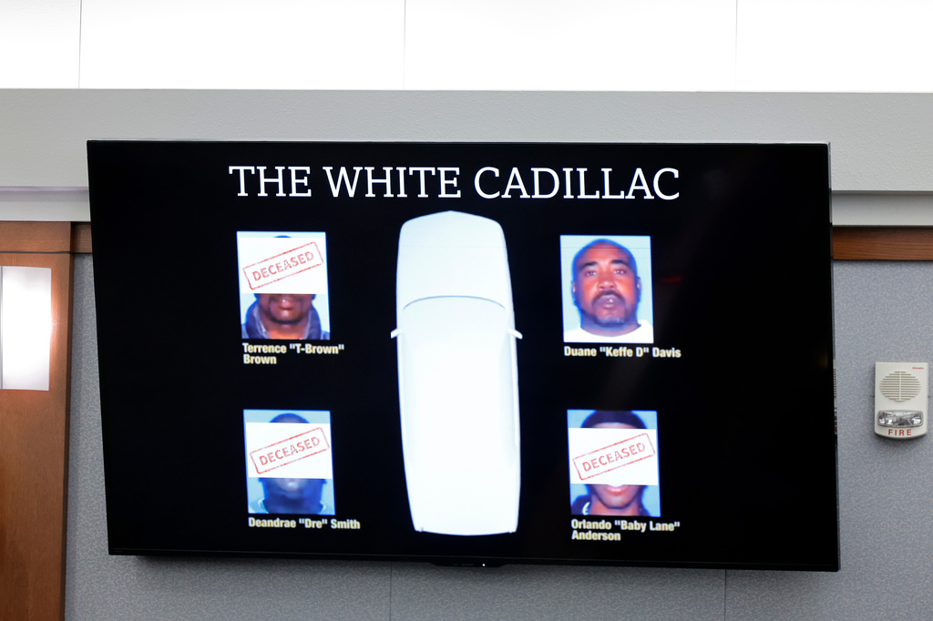 An illustration is displayed during the Duane Davis murder trial, related to the 1996 killing of rapper Tupac Shakur, at Clark County District Court Regional Justice Center in Las Vegas, Monday, Aug. 17, 2026. (Steve Marcus/Pool Photo via AP)