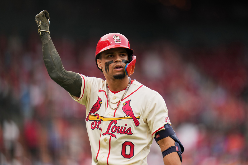 St. Louis Cardinals' Masyn Winn celebrates after hitting a sacrifice fly to score Nathan Church during the fifth inning of a baseball game against the Kansas City Royals Saturday, May 16, 2026, in St. Louis. (AP Photo/Jeff Roberson)
