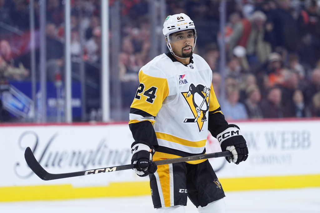 FILE - Pittsburgh Penguins' Mathew Dumba looks on during an NHL hockey game, Oct. 28, 2025, in Philadelphia. (AP Photo/Matt Slocum, File)