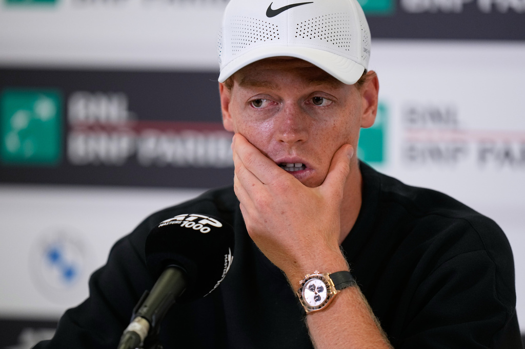 Jannik Sinner, of Italy, listens to a reporters' question during a press conference at the Italian Open at the Foro Italico in Rome, Thursday, May 7, 2026. (AP Photo/Alessandra Tarantino)