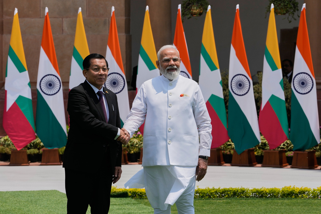 Indian Prime Minister Narendra Modi, right, shakes hands with Myanmar President Min Aung Hlaing before their meeting in New Delhi, India, Monday, June 1, 2026. (AP Photo/Manish Swarup)